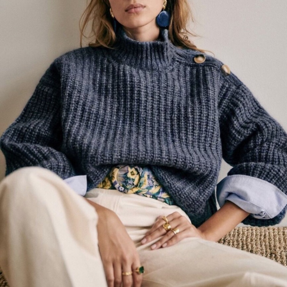 Sézane Oliver Blue Jumper Sweater w/ Shoulder Buttons